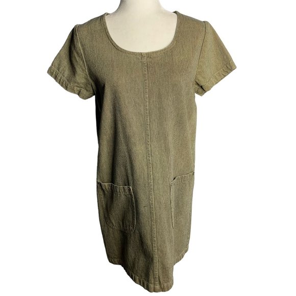 Vintage 90s Studio 25 Denim Mini Shift Dress M Brown Blue Short Sleeve Pockets - Picture 1 of 6